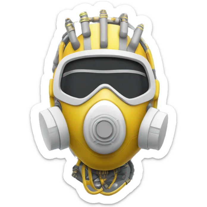 Dark yellow Mohawk female cyborg head with white respirator mask and circuits sticker