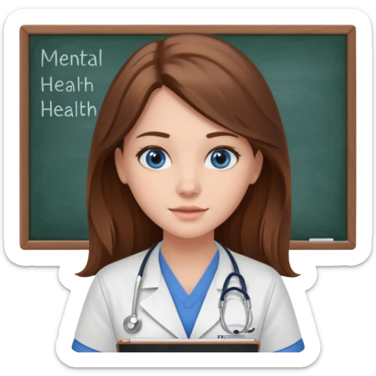 university classroom that says Mental Health Nursing on the blackboard with a pretty female nursing student with long brown hair, blue eyes sticker