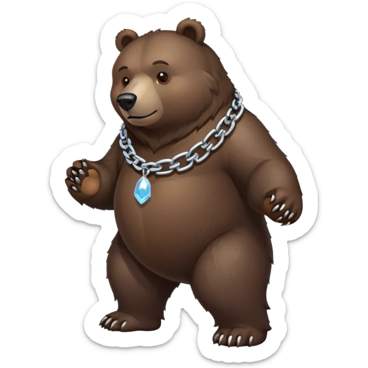Full-length dark bear with detailed fur, on all four legs, wearing only a clean simple ice chain collar, no pendants or attachments sticker