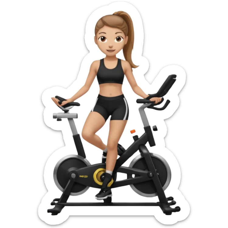 Light skin girl with long light brown hair in a pony tail, black workout set leaning on a indoor spin bike with NO HELMET,  sticker