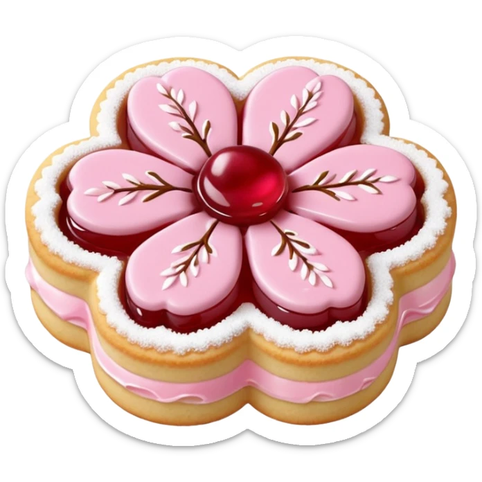 Realistic shortbread cookie in the shape of a cherry blossom with pale pink color jelly middle filling and sprinkled powder sugar on top. sticker