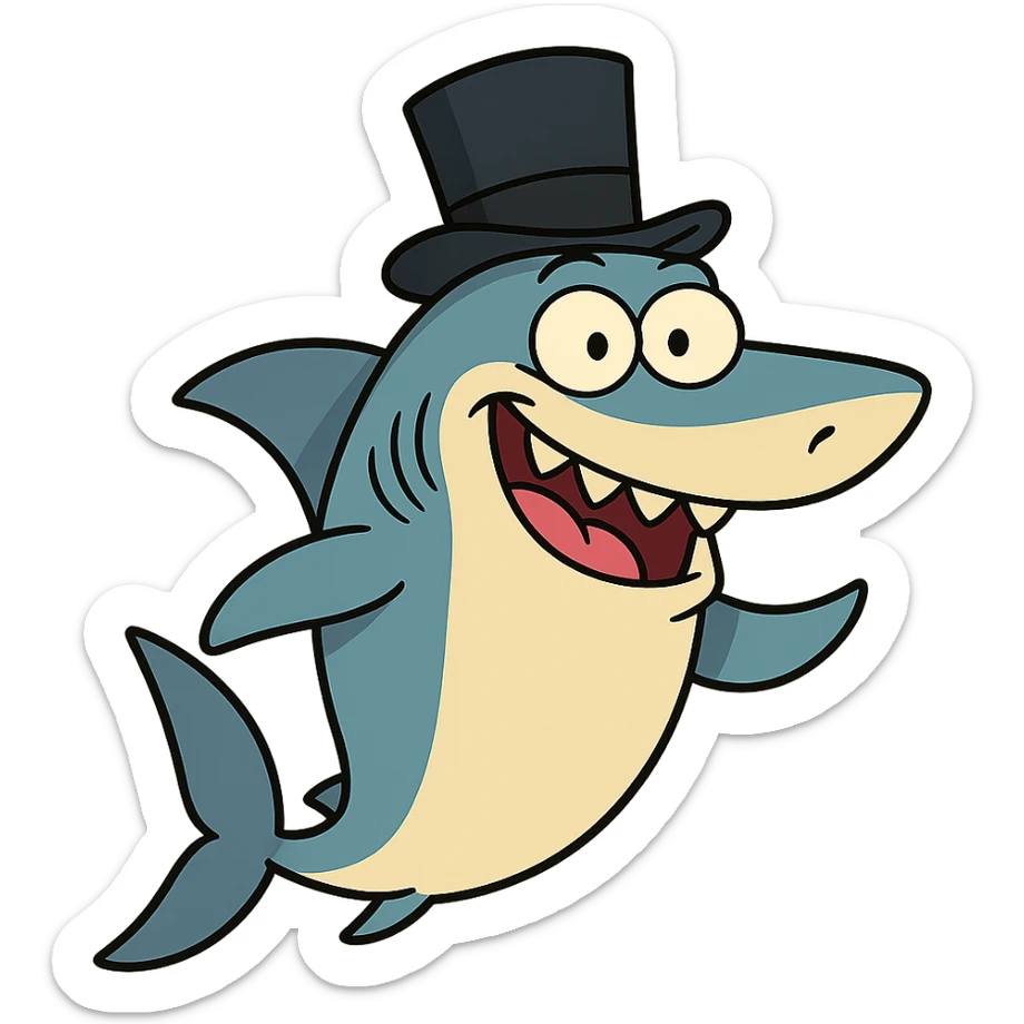 shark with a top hat, cartoon style, no background, playful and colorful sticker