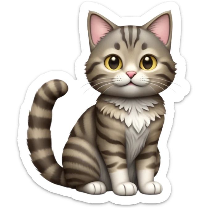 cinematic-[grey brown tabby cat]-realistic-full-body-sitting-emoji,-tail-curled-playfully-around-its-paws,-head-tilted-dramatically,-scruffy-[grey]-fur,-simplified-yet-realistic-focused-features,-highly-detailed,-glowing-with-an-almost-sarcastic-glow sticker
