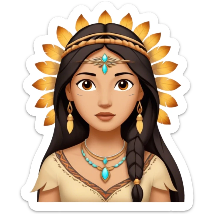 Cinematic Radiant Pocahontas Portrait Emoji, rendered in a vector-style with clean lines. Show Pocahontas with luminous, sun-kissed skin and flowing dark hair adorned with subtle natural ornaments, her expression calm and kind, dressed in simple traditional attire with earthy tones. The image glows softly with a warm, inviting radiance, enhanced by a soft glowing outline. sticker