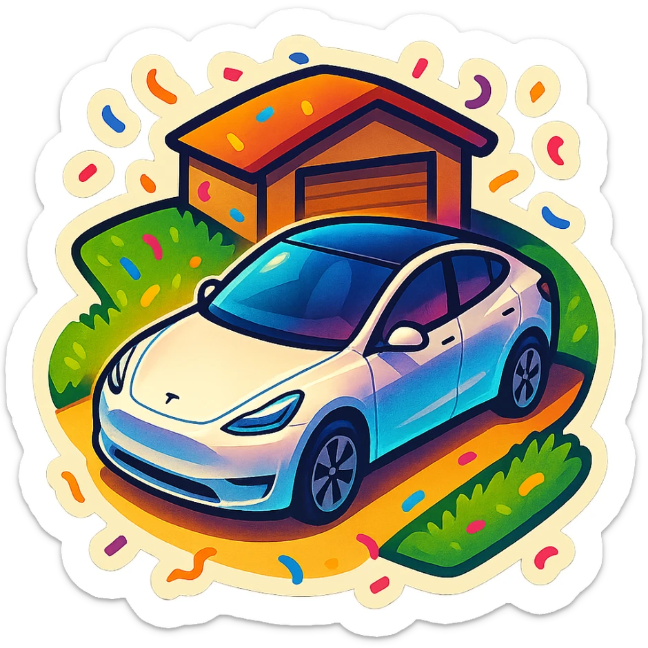 A Tesla Model Y parking in a home driveway with grass on the sides, from above, with confetti sticker