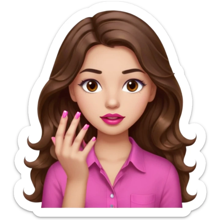 girl with long wavy brown hair, brown eyes, light to medium complexion, in a pink shirt, pink lips, long lashes, puckered lips, showing off painting nails sticker
