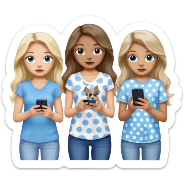 Three women in summer clothes holding iPhone, hazel eyed light skin with dark blonde long hair and light skin hazel eyed long wavy dark hair, blue eyed light skin long blonde hair walking 2 dogs,blue and gray spotted Merle Frenchie, black and tan chihuahua  sticker