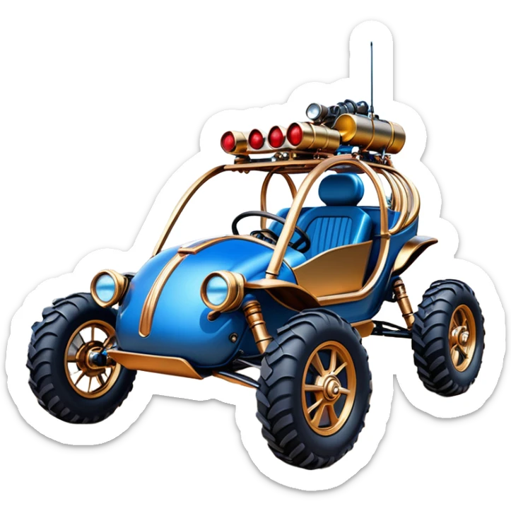  tarnished blue neon underglow C-3PO ghost buster 1964 delicately ornate rosegold wood accents Model-T off road buggy bucket barrel powered by electric motors and batteries with racing safety belts while flying rapidly roughening terrain stable on strong agile advanced suspension and steering sticker