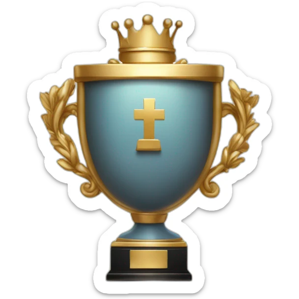 royal big empty Christian trophy for the winner with a cross on royal background sticker