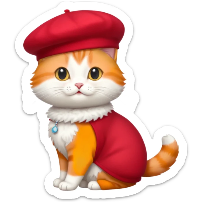 A cute cat emoji, full body, standing in side view, wearing a stylish red beret. sticker