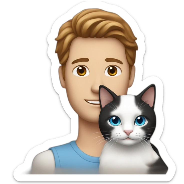 a white guy with blue eyes and long brown hair holding his white black cat sticker