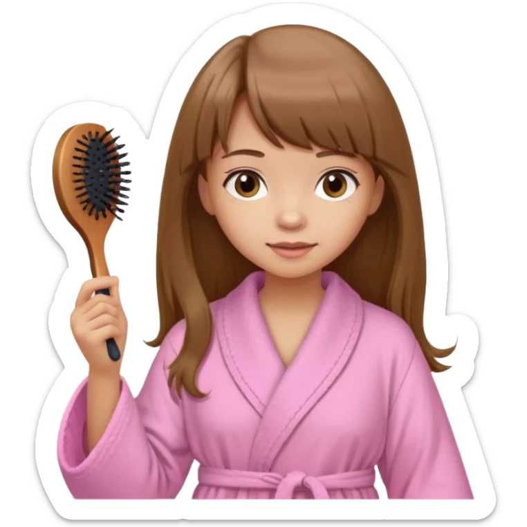 a girl with light skin and medium brown long hair with bangs who is brushing her hair with a hairbrush and she is wearing a light pink bathrobe sticker