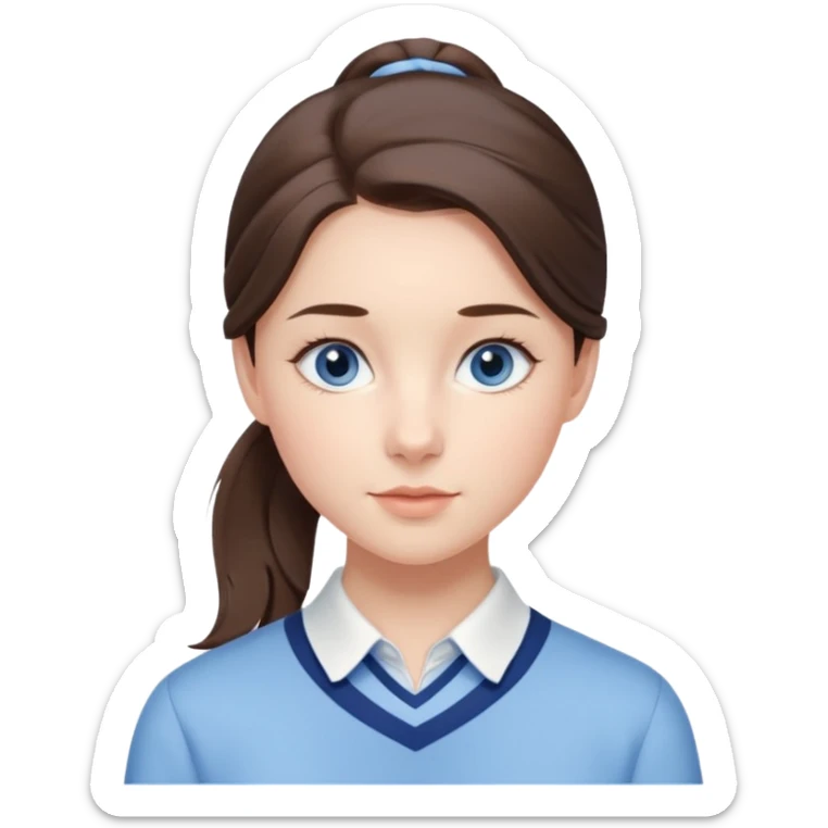 Realistic Student Portrait, with porcelain-like skin featuring a natural rosy flush, illuminated by soft lighting that highlights the gentle contours of her face. Her Brunette pony tail hair flows in soft, Her deep blue eyes radiate warmth and innocence,  wear light blue preppy style. sticker