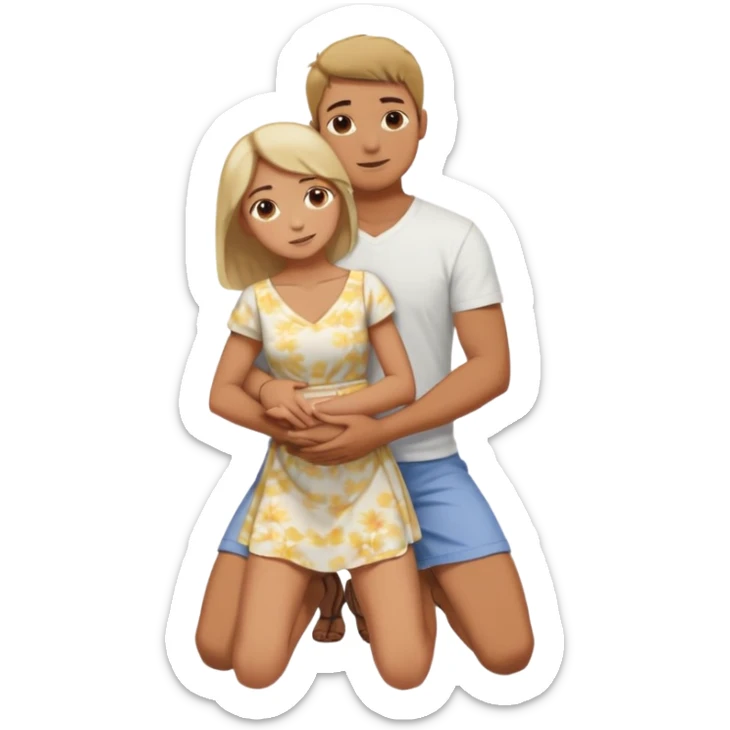 A kneeling male is holding female who’s wrapped around them—arms around the neck and legs around the waist—in a tight embrace. sticker