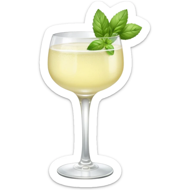 French 75 cocktail with subtle elderflower color with one of each mint and basil leaf for garnish sticker