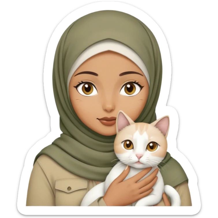 a woman with khaki colour hijab, brown eyes, holding a white cat sticker