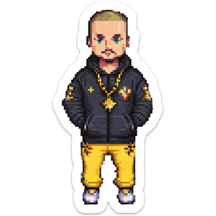Russian gangster wearing a tracksuit and gold chain, pixel art style sticker