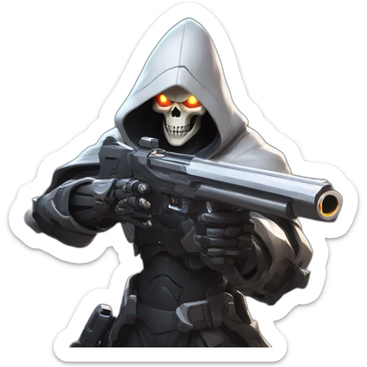 reaper from overwatch, holding his twin shotgun, shooting his ultimate move death blossom sticker