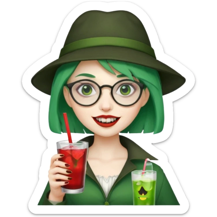 vampire green hair Drink holders with hat, wearing glasses, female,,teeth looks like vampire sticker