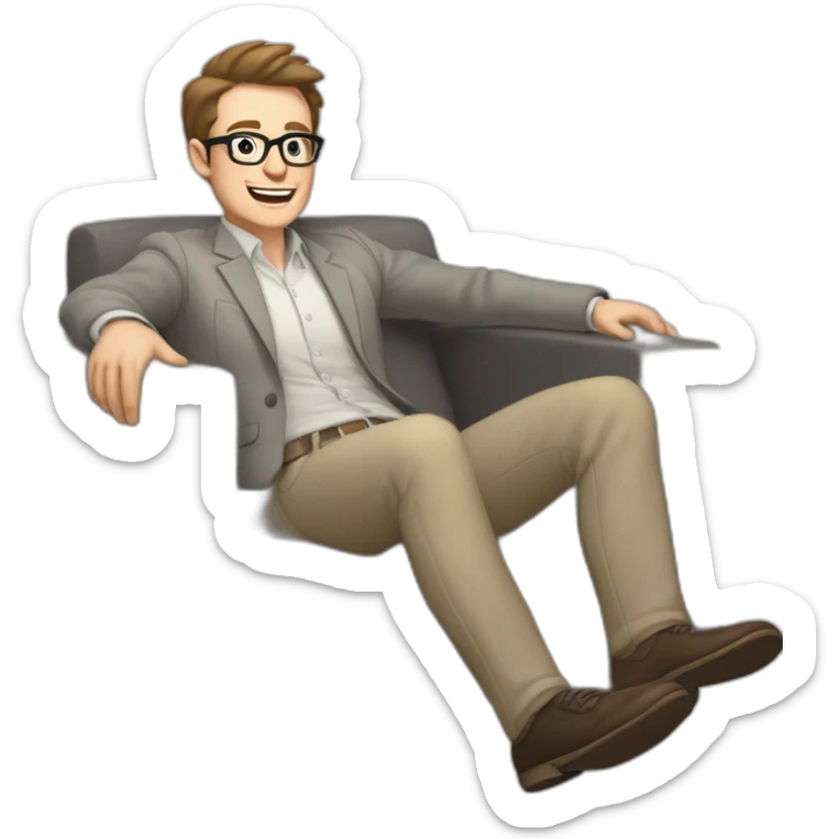 Joyful Celebrating victory Pale skinned Fit Man With dark brown hair in gray jacket, beige office shirt, Brown pants and vintage glasses sitting In a soft chair sticker