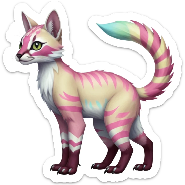 Colorful tropical tribal pale light fruity pastel white glorious iridescent divine exotic cute albino neon vibrant zigzagged cool beautiful fantasy-caracal-civet-genet-sergal-vernid-Gryphon-Cacomistle-Trico-oncilla-animal-Fakémon-hybrid-fursona (full body), facial markings,  sticker
