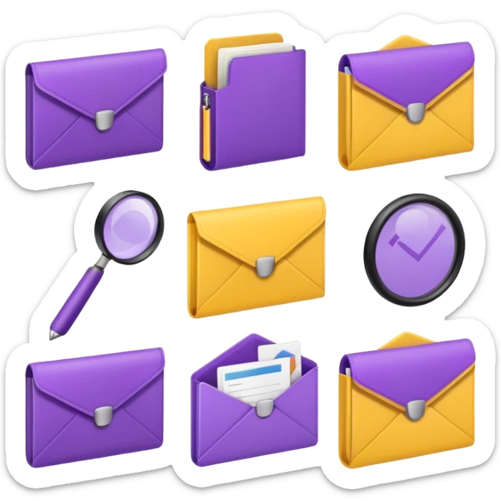 simple, minimalistic yellow (hex#FFD008) and purple (hex#8C52FF) icons of a pin, a working case, a folder, a magnifier, an email, an envelope. 6 icons in total sticker