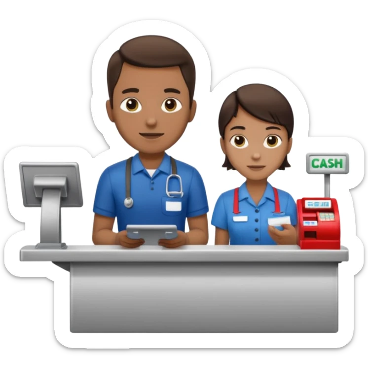 Supermarket employee at a cash register, full body, serving a man sticker