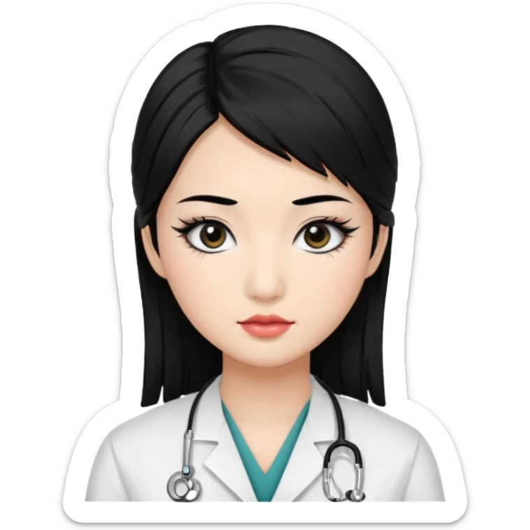 Medical student, black hair, black eyes, false eyelashes, makeup, eyeliner, Asian sticker