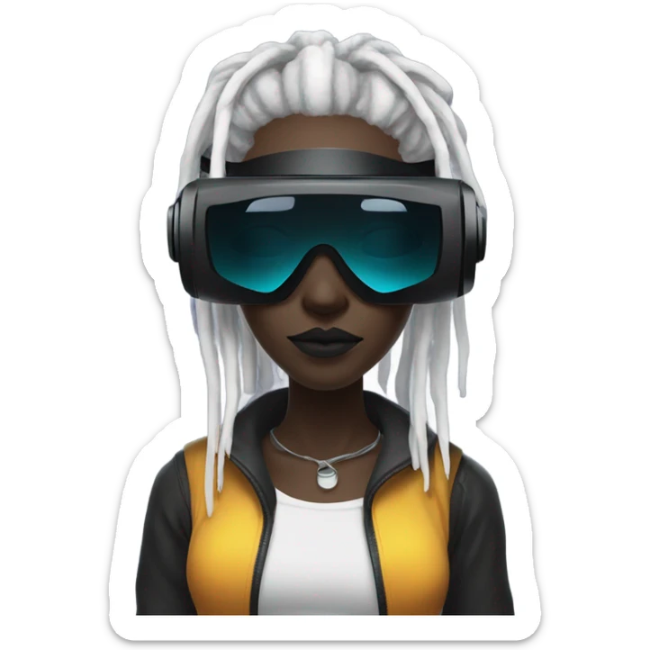 cyberpunk woman, black skin, white dreadlocks, wearing RGB vr headset, (eyes covered:1.2), no eyes, bright colors sticker