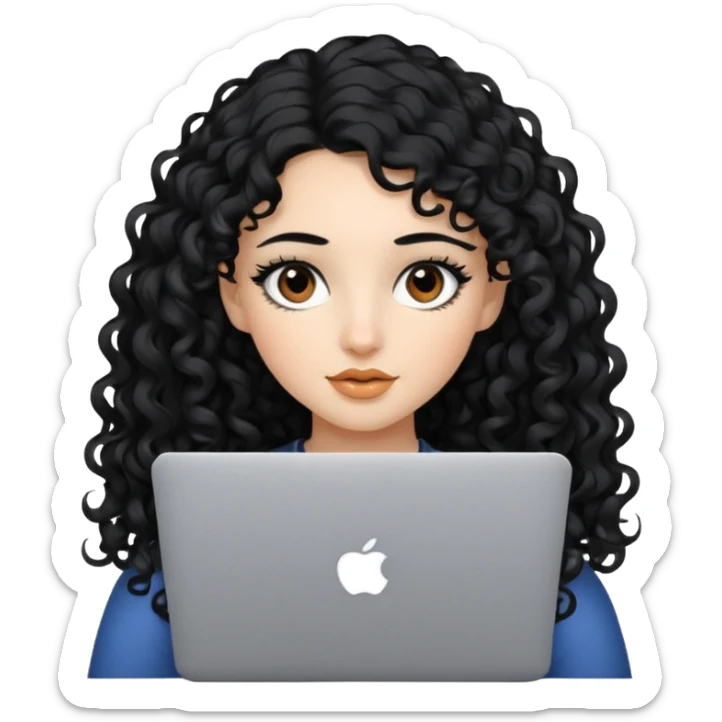 a girl using the mac book air with long black curly hair and brown eyes with winged black eyeliner sticker