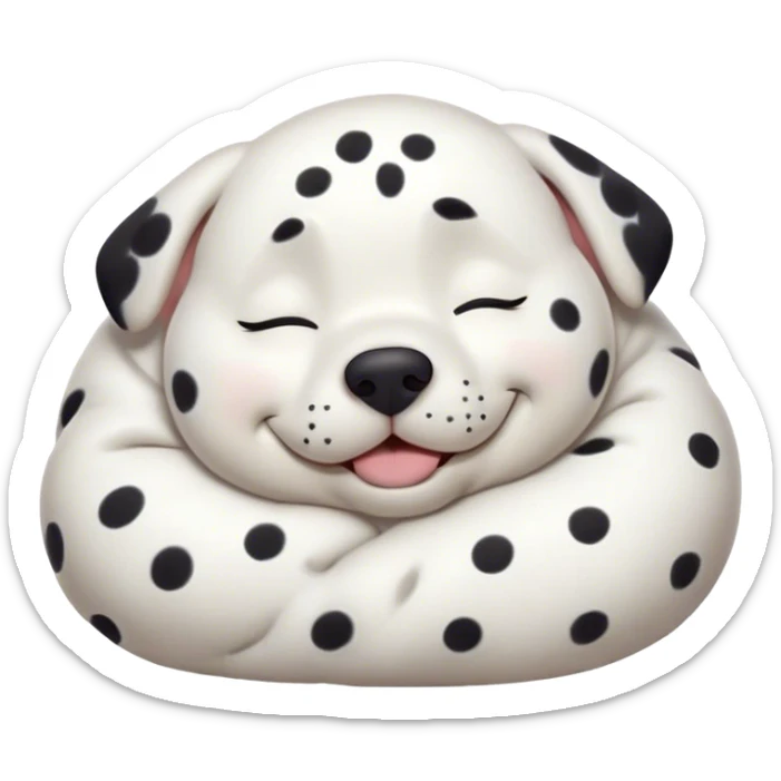Cinematic Meme-Worthy Chubby Sleeping Dalmatian Portrait Emoji, Head resting peacefully with a contented smile, showcasing a delightfully chubby build and a luxuriously soft white coat with bold black spots, eyes shut in a serene nap, Simplified yet hilariously adorable features, highly detailed, glowing with a soft, drowsy light, high shine, relaxed and utterly lovable, stylized with an air of playful laziness, bright and heartwarming, soft glowing outline, capturing the essence of a comically sleepy Dalmatian, so meme-worthy it feels like it could instantly become the next viral sensation of adorable slumber! sticker