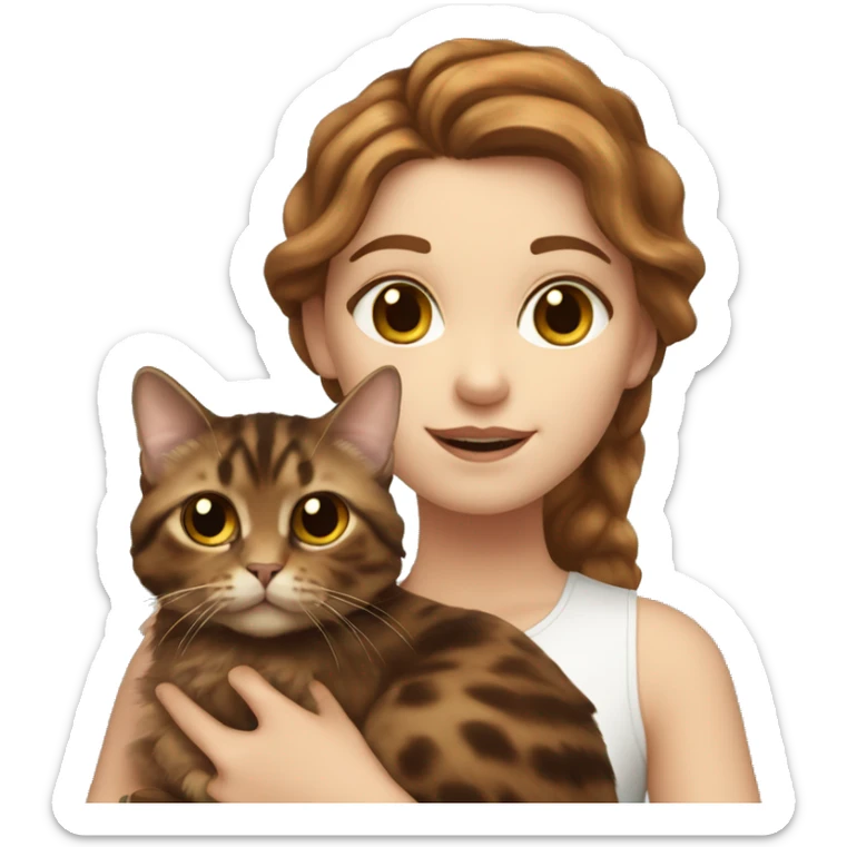 White girl with brown long wavy hair holding a tortoiseshell cat sticker