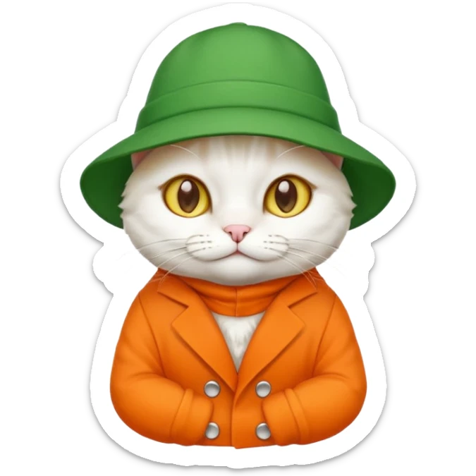 white cat with orange coat and green hat that says 'I'm cat', emoji style variation 3 sticker