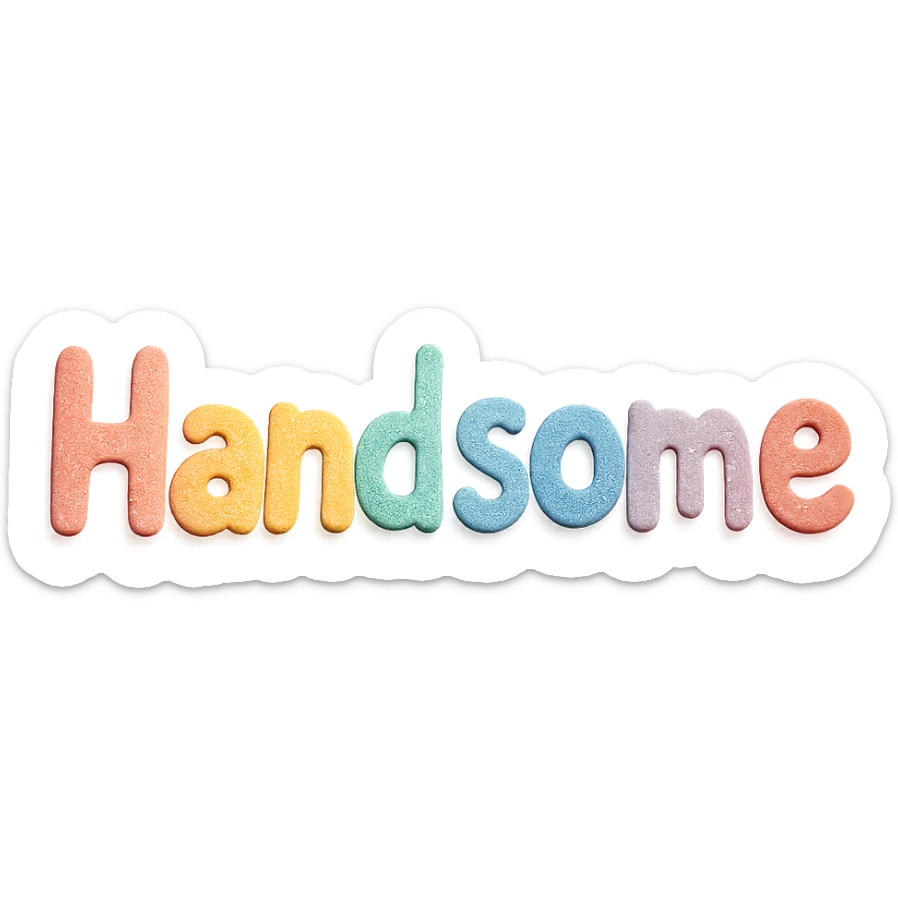 the word 'Handsome' in soft pastel rainbow colors, quirky handwritten font, kawaii style, no outline, 3D paper-craft effect sticker