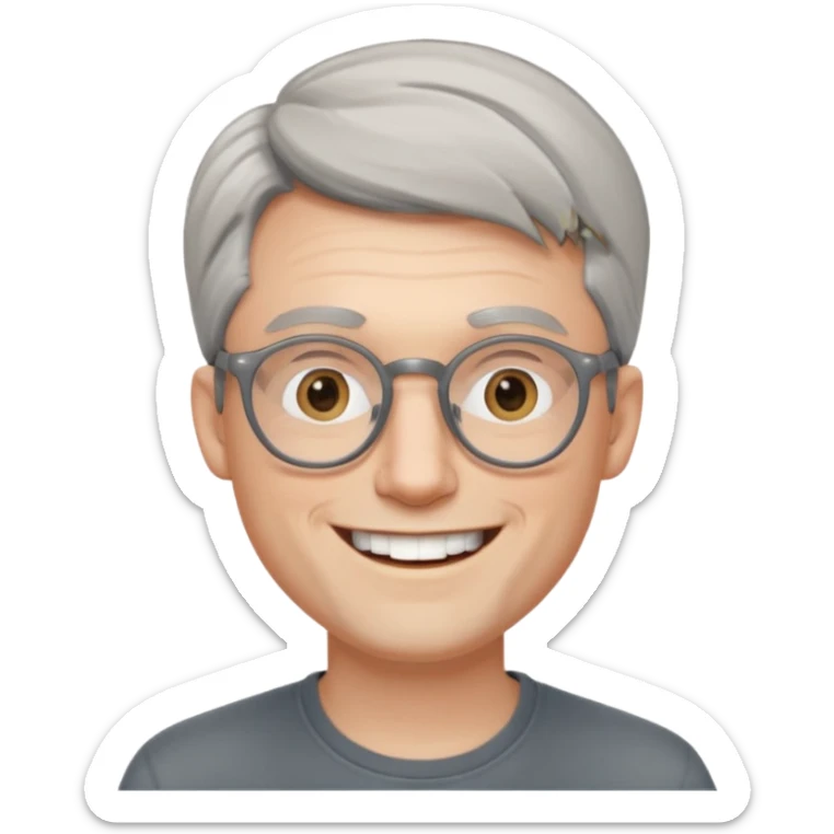 30 yr old pale white man, grey side swept hair, round glasses, big smile, white teeth, handsome, longer hair, thin glasses, no wrinkles sticker