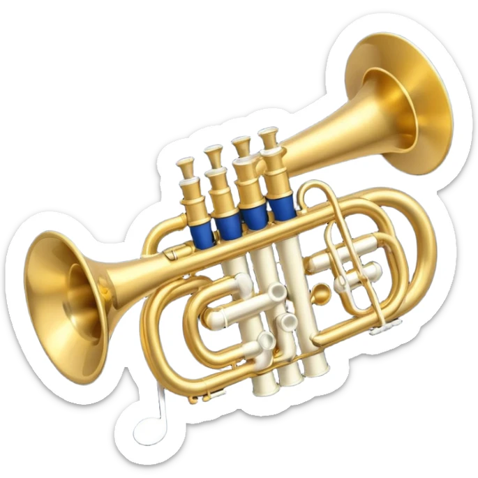 “Flat vector icon of a golden side-view trumpet with mouthpiece, bell, and three valves, thick outline, centered on a deep navy blue rounded-square (or circle); from the bell, 2–3 small white or light-blue music notes with dark outline emerge.  sticker