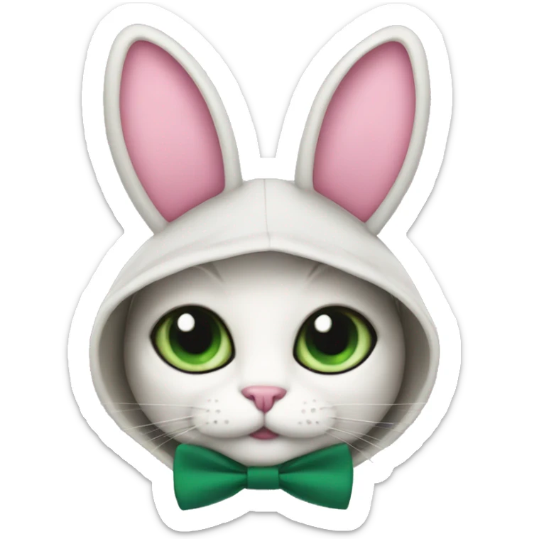 cat IN a bunny HOOD with pink bow tie and dark green eyes sticker