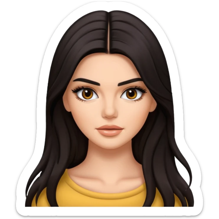 Kendall Jenner as an emoji, glamorous and stylish, long dark hair, elegant makeup, fashion-forward look sticker