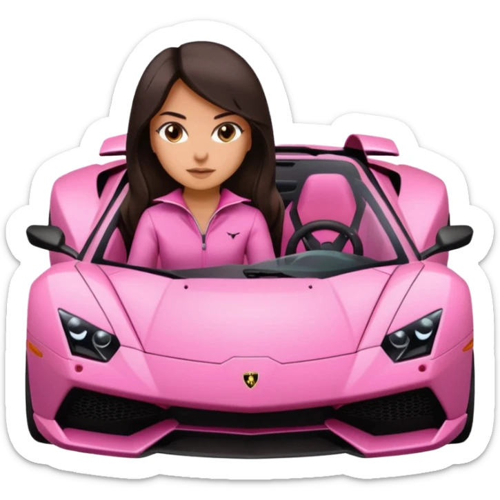 Make car far away so I can see full car Car facing forward in sports car. Make hair long  One girl isFront of car sitting in the seats. Make it a pink sports car. They are two baddies make it a Lamborghini pink car  sticker