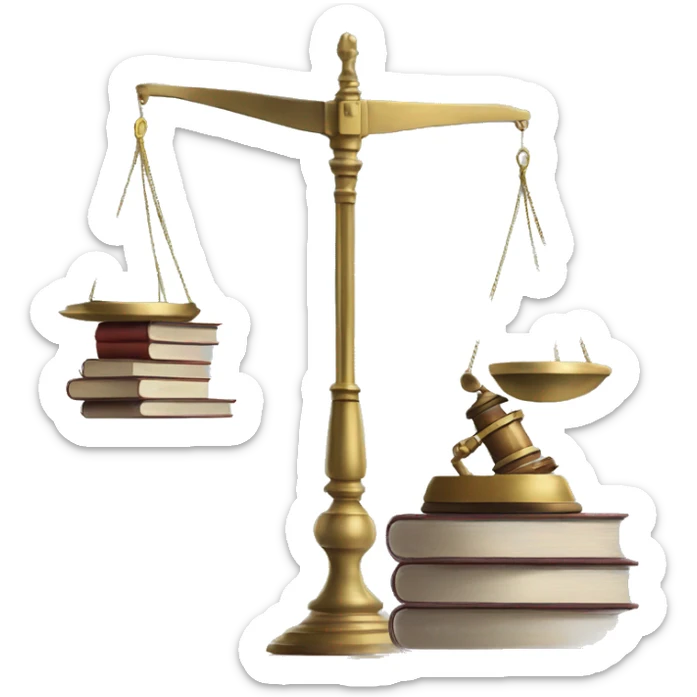 a balance of justice with a robot on one side and a book on the other side sticker