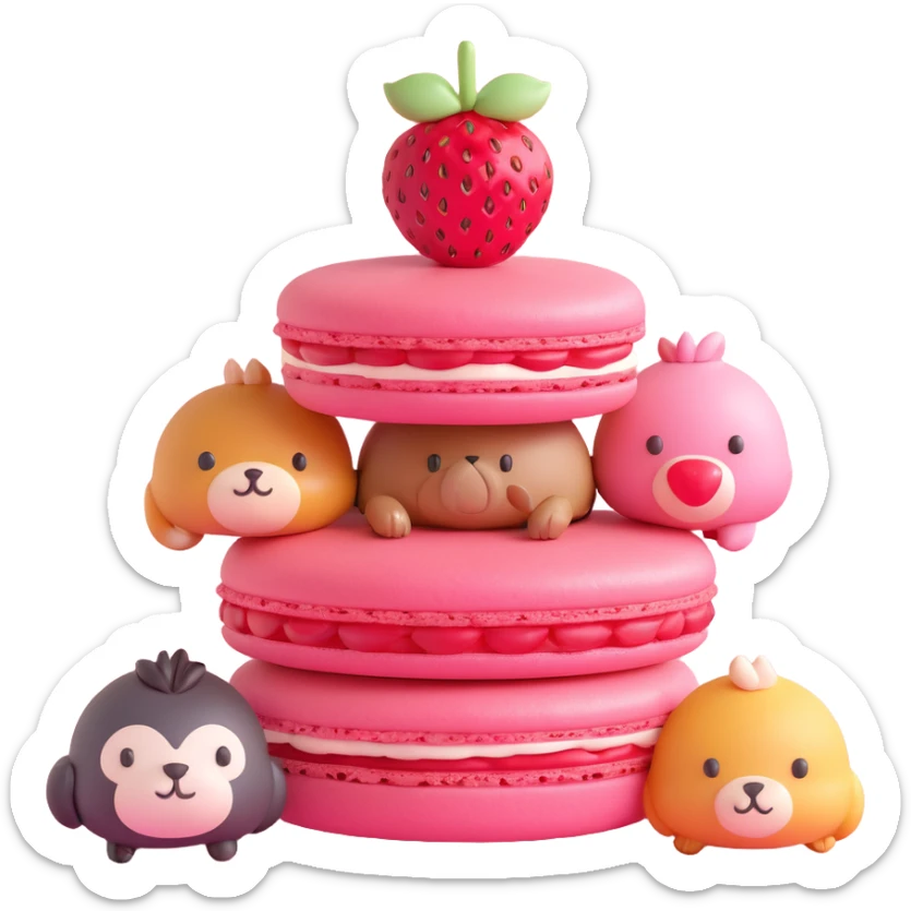 A 3D iOS style emoji of a pink macaron with a strawberry on top and three cute animals peeking out from between the layers. The macaron should have a glossy finish and soft shadows, with a light yellow background and small yellow stars scattered around. sticker