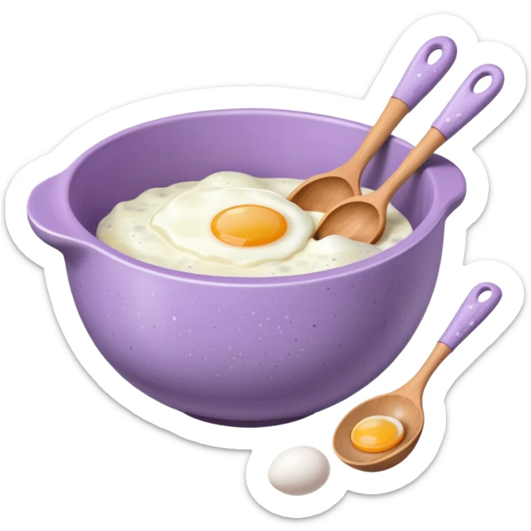 a lilac ceramic mixing bowl with a wooden spoon stirring and sitting next to it is a few eggs sticker