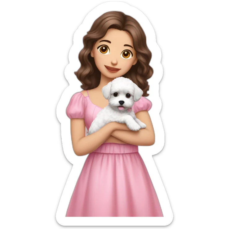 girl brunette hold on the hand small white puppy maltipoo which dressed in pink dress sticker