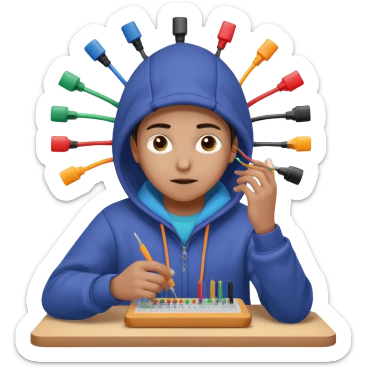 An emoji of an engineer working on a complex breadboard with many colorful wires and components. A Wi-Fi signal icon pulses above their head. They wear a hoodie and have a focused expression. Simple, cute, icon style. sticker