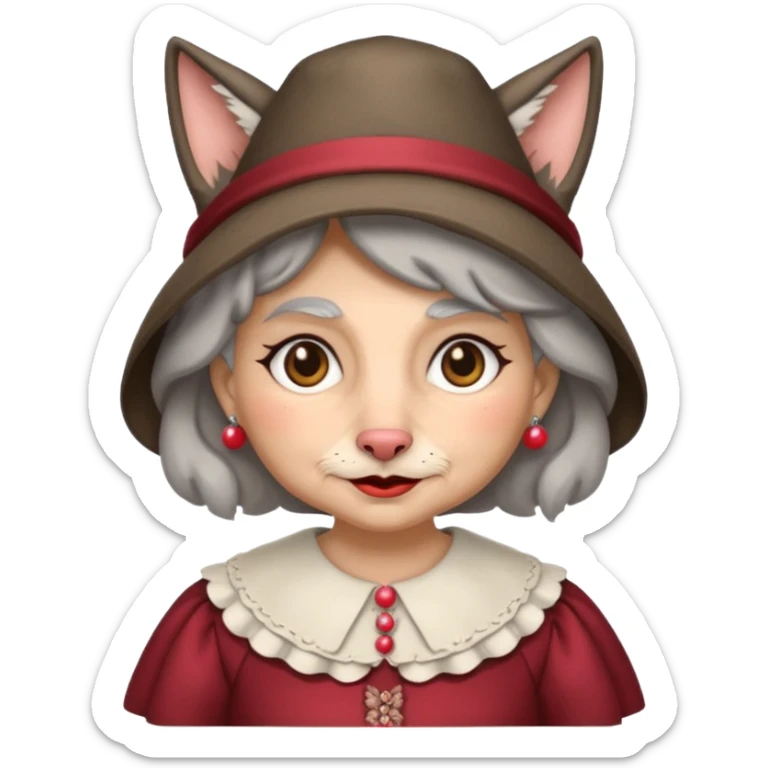 The big bad wolf is wearing Grandma's clothes and a hat, yet its face still looks like a wolf's. sticker
