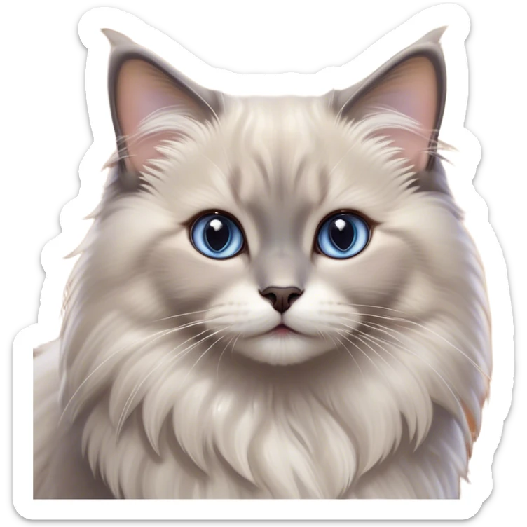 Cinematic Adorable Fluffy Grey Ragdoll Cat Portrait Emoji, Head tilted cutely with big, sparkling eyes, soft grey fur with lighter tones around the face and paws, Simplified yet irresistibly adorable features, highly detailed, glowing with a soft, warm glow, high shine, affectionate and playful, stylized with a touch of whimsy, bright and endearing, soft glowing outline, capturing the essence of a curious and loving kitten, so cute it feels like it could leap out of the screen and snuggle up for a cuddle! sticker