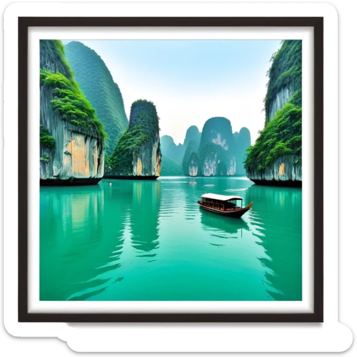 Cinematic Realistic Ha Long Bay Landscape Emoji, depicted with limestone karsts emerging from emerald waters rendered with intricate detail and dynamic natural lighting. sticker