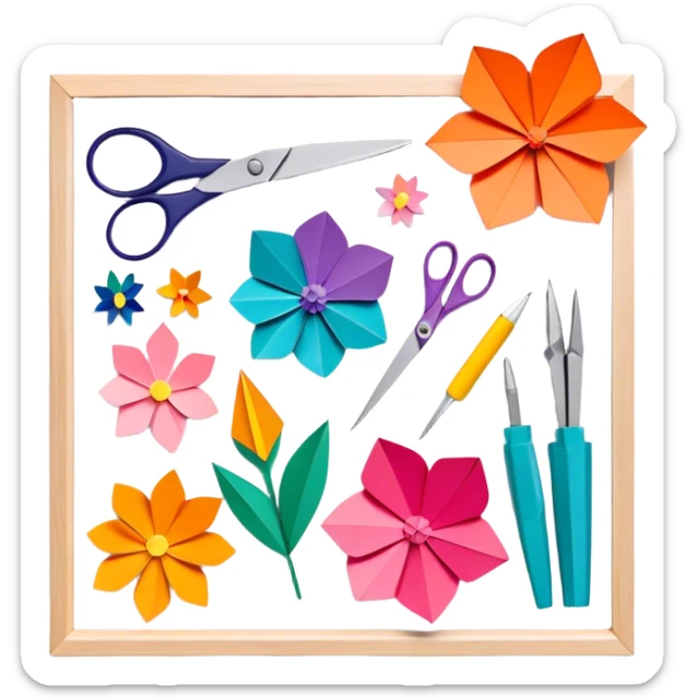 Paper crafting icon, various paper crafts like origami, 3D paper flowers, and scrapbooking materials, visible tools such as scissors, glue stick, and colour paper sheets, colorful paper patterns, minimalistic style, clean lines, transparent background. sticker
