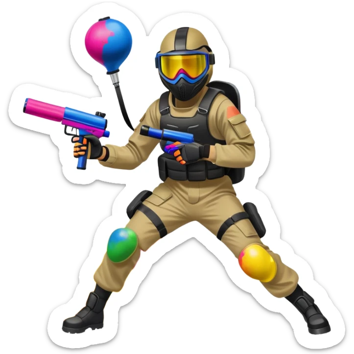 A dynamic scene of a player in action, holding a paintball gun and wearing protective gear. The background shows a vibrant paintball field with obstacles, colorful splatters of paint in the air, and an intense, competitive atmosphere. sticker
