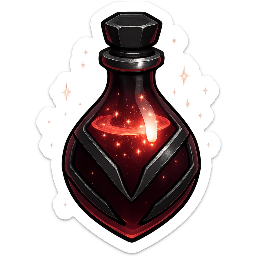 prabangus eliksyro buteliukas, lašo forma, Discord edgy ir cool stilius, tamsiai raudona spalva, juodos ir sidabrinės detalės, labai mažas kaklelis, vientisas dugnas, buteliukas plūduriuoja ore, be pagrindo ar šešėlio, modernus, kolekcijai tinkamas, su magiškais švytėjimais ir blizgesio efektais, skaidrus fonas sticker